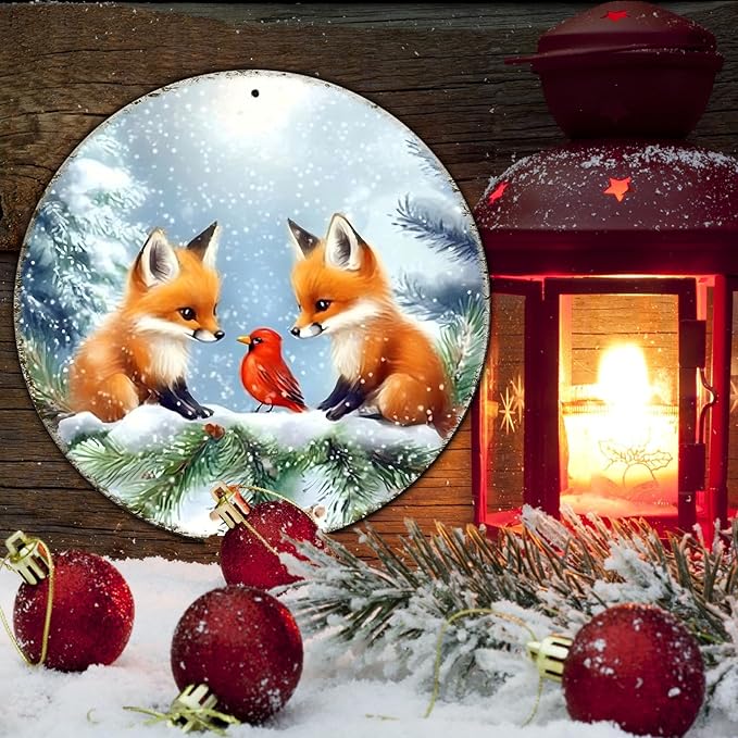 Christmas Round Fox Metal Tin Sign - Red Bird Winter Vintage Sign for Home & Outdoor Decorations - 12 * 12 in