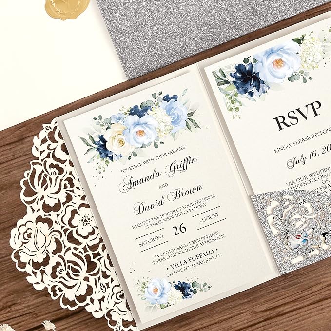 DORIS HOME 50pcs Laser Cut Wedding Invitations with Envelopes and RSVP Cards Silver Glitter, 4.7x7.1 Personalized Invitation Cards for Wedding, Anniversary Invitations with Envelopes