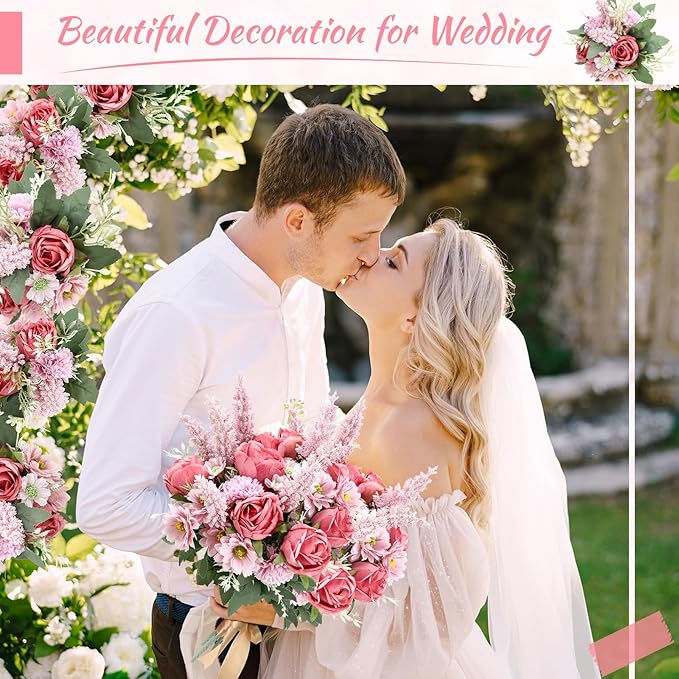 Zeyune 8 Pcs Wedding Silk Flowers Fake Silk Flowers Faux Bouquet Hydrangea Bouquets for Wedding Birthday Party Table Centerpieces Home Decoration (Bean Paste Pink,Rose)