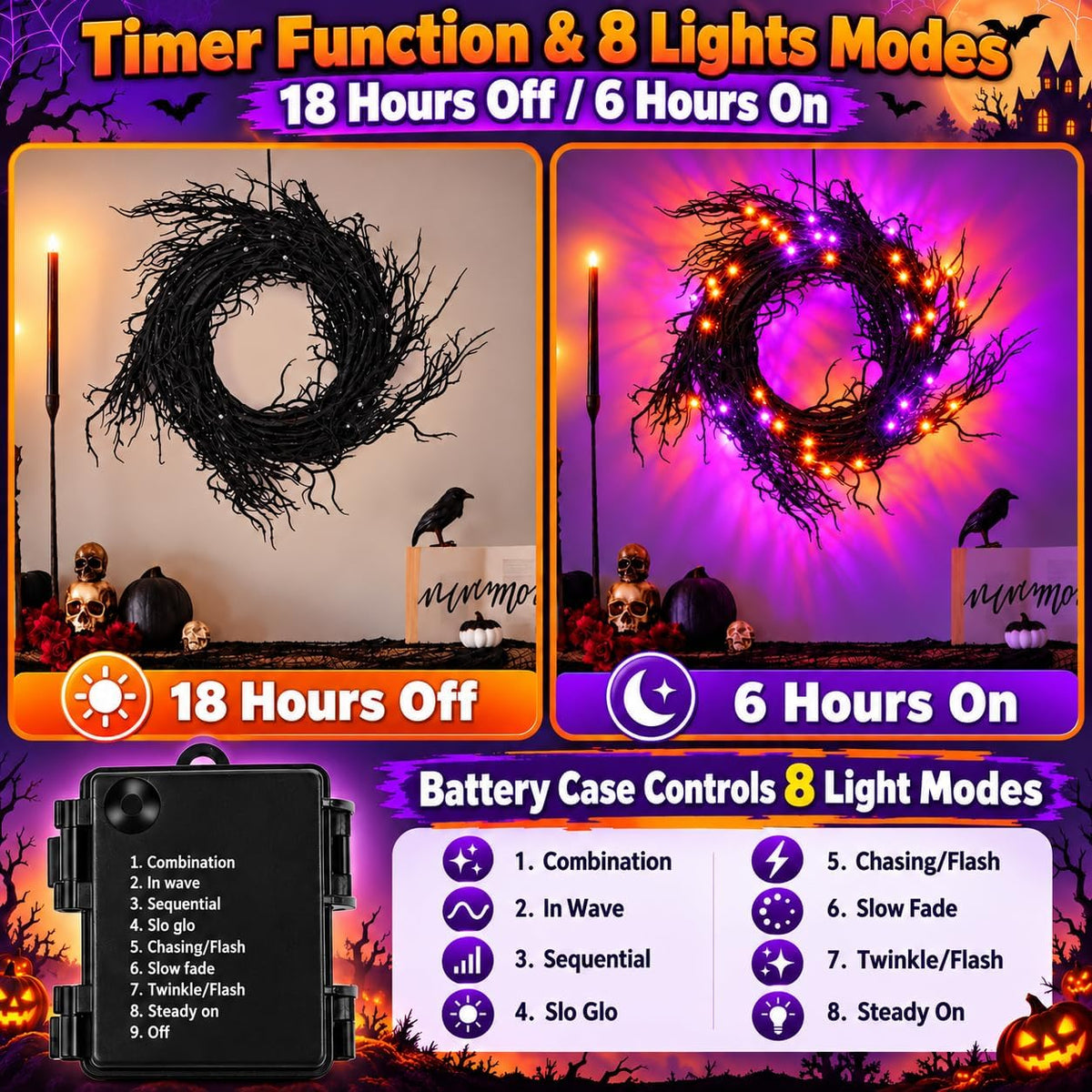 9Ft Lighted Halloween Garland Decorations Indoor, 66 LED Orange & Purple ...