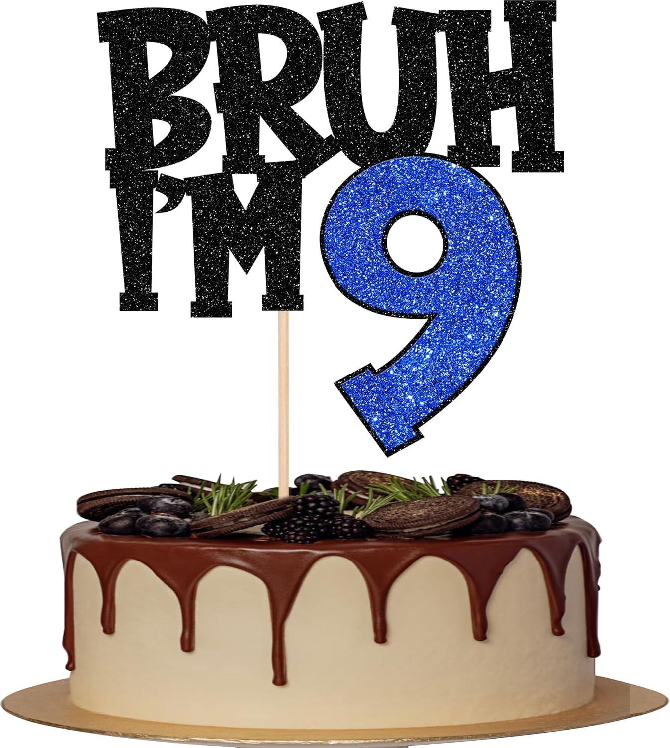 1 PCS Bruh I'm 9 Cake Topper Glitter Happy 9th Birthday Cake Pick Bro I'm 9 Cake Decoration It's My 9th Birthday Decorations for Cheers to 9 Years Old Birthday Anniversary Party Supplies Blue