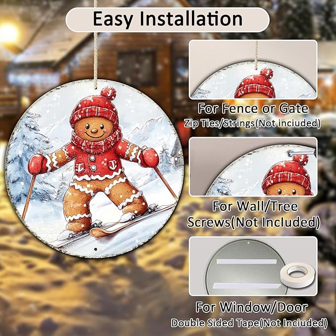 Round Gingerbread Man Ski Vintage Metal Sign Skiing Sign, Office Sign Home Décor Ski Lodge Décor Cabin Tin Sign 8 * 8 in