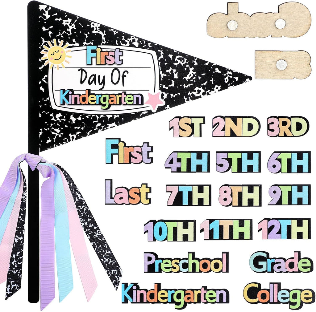 Hahafelt 23 Pcs Composition Book Style First & Last Day of School Wood Flag Kit with Ribbons and Reusable Pennants Signs 15 Grades Photo Prop for Preschool to College Welcome Classroom Decoration