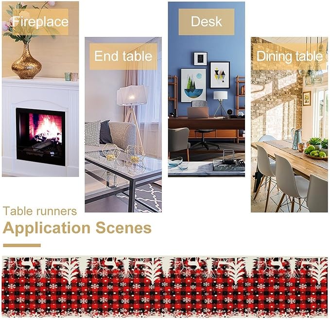 Christmas Table Runner,Red Black Plaid Xmas Snowflakes Deer Trees Print Tablecloth Burlap for Hotel Indoors Outdoor Dining Room Kitchen Home Decor,W13X L70 in