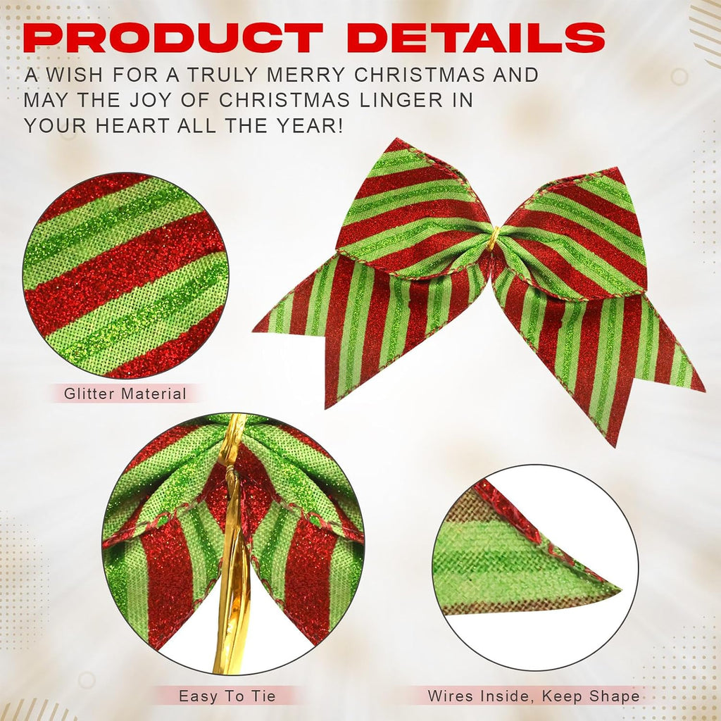 12 Pcs Grinch Bows Decoration, 6 Inch Large Christmas Bows for Tree Gift Wrapping Wreaths Garland, Glitter Decor Holiday Party Crafts Xmas Tree Ribbon Ornaments(Grinch Style)