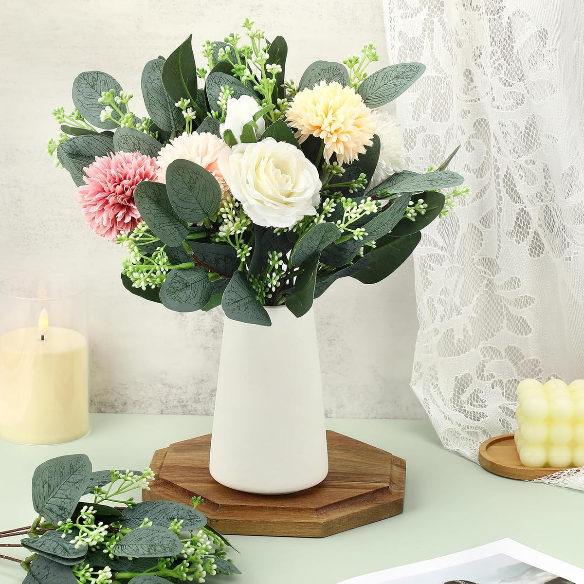 janinka 90 pcs artificial seeded eucalyptus stems mixed on a desk or shelf