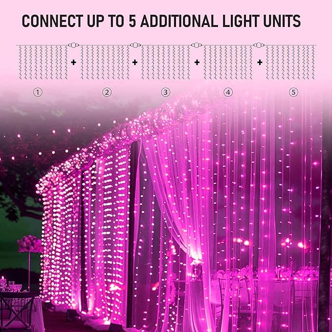 Dazzle Bright 300 LED Curtain String Lights, Valentine's Day Fairy Lights for Bedroom with 8 Lighting Modes, Connectable Waterproof Window Lights Party Wedding Garden Wall Christmas Decor, Pink