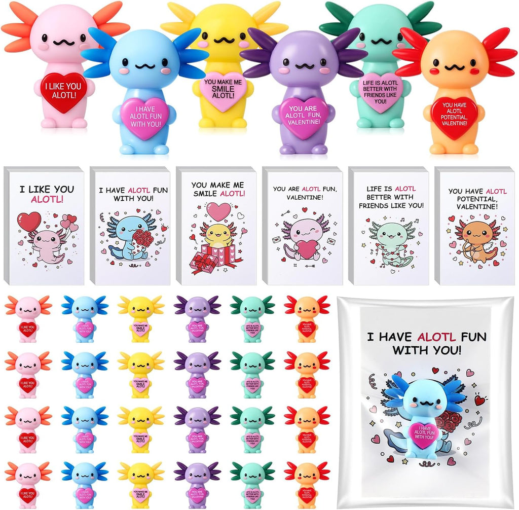 Gejoy 25 Sets Valentines Axolotl Figurines Gifts Positive Mini Axolotl with Positive Card Gift Bags for Valentine's Day Birthday Party Coworkers Employees