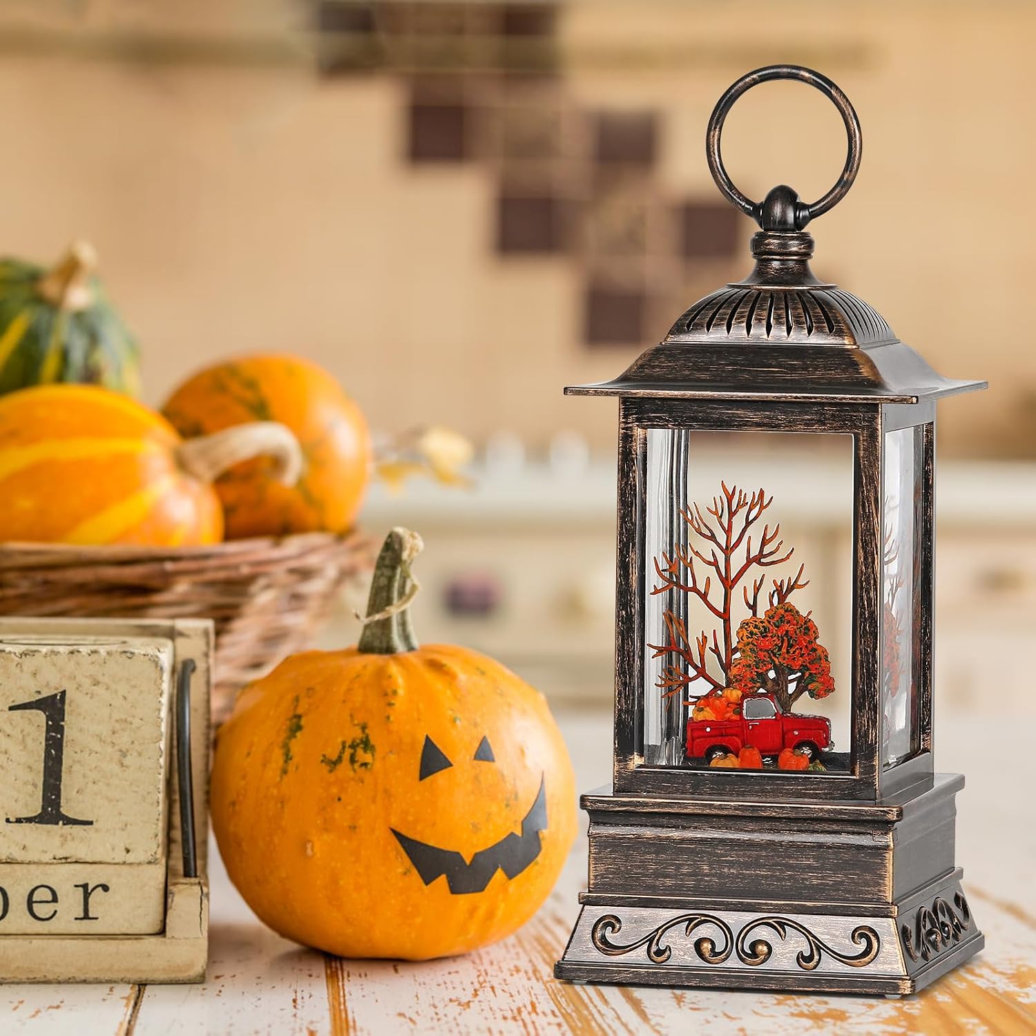 Fall Snow Globe Decorations, Glitter Red Truck Lantern with 6H Timer, USB/Battery Powered Lighted Décor for Home, Tabletop, Gift Box