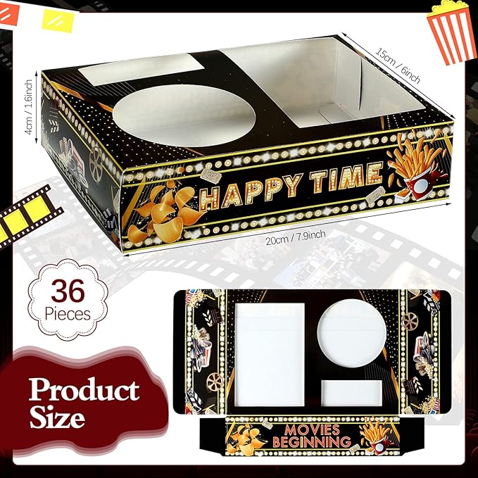 Faccito 36 Pcs Movie Night Snack Trays Movie Theater Snack Boxes Night Supply Disposable Paper Holder Tray for Popcorn Food Candy Drink Party 8 x 6 Inch(Black Gold,Cute Style)
