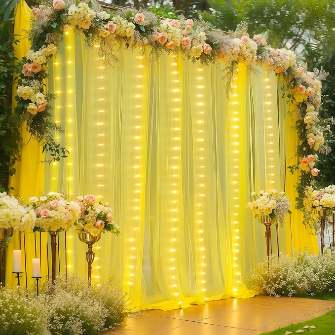 10×10ft Yellow Tulle Backdrop Curtain with Lights String for Parties, Sheer Curtain Backdrop Drapes for Wedding Party Photography Background