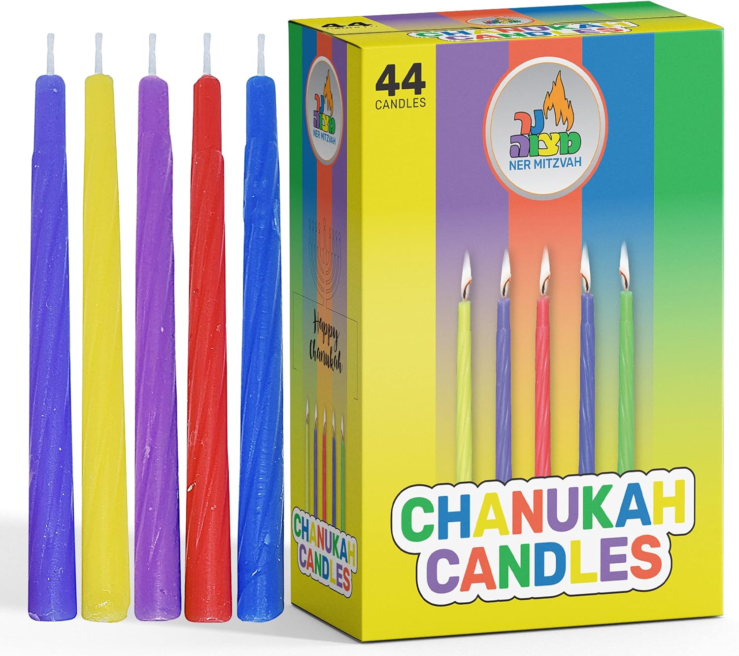 Ner Mitzvah Colorful Chanukah Candles 1-Pack - Standard Size Fits Most Menorahs - Premium Quality Wax - Assorted Colors - Bulk Pack for All 8 Nights of Hanukkah