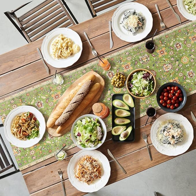 Snycler Table Runner Boho Table Runners Vintage Elegant Farmhouse Table Center Linen Decor for Home Dining Party Entrance (13x48 Inch) Green