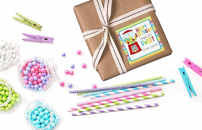 Custom & Personalized Sweet Gumball Happy Birthday Gift Tag Sticker Labels, 24 2.5" Square Stickers by Amanda Creation