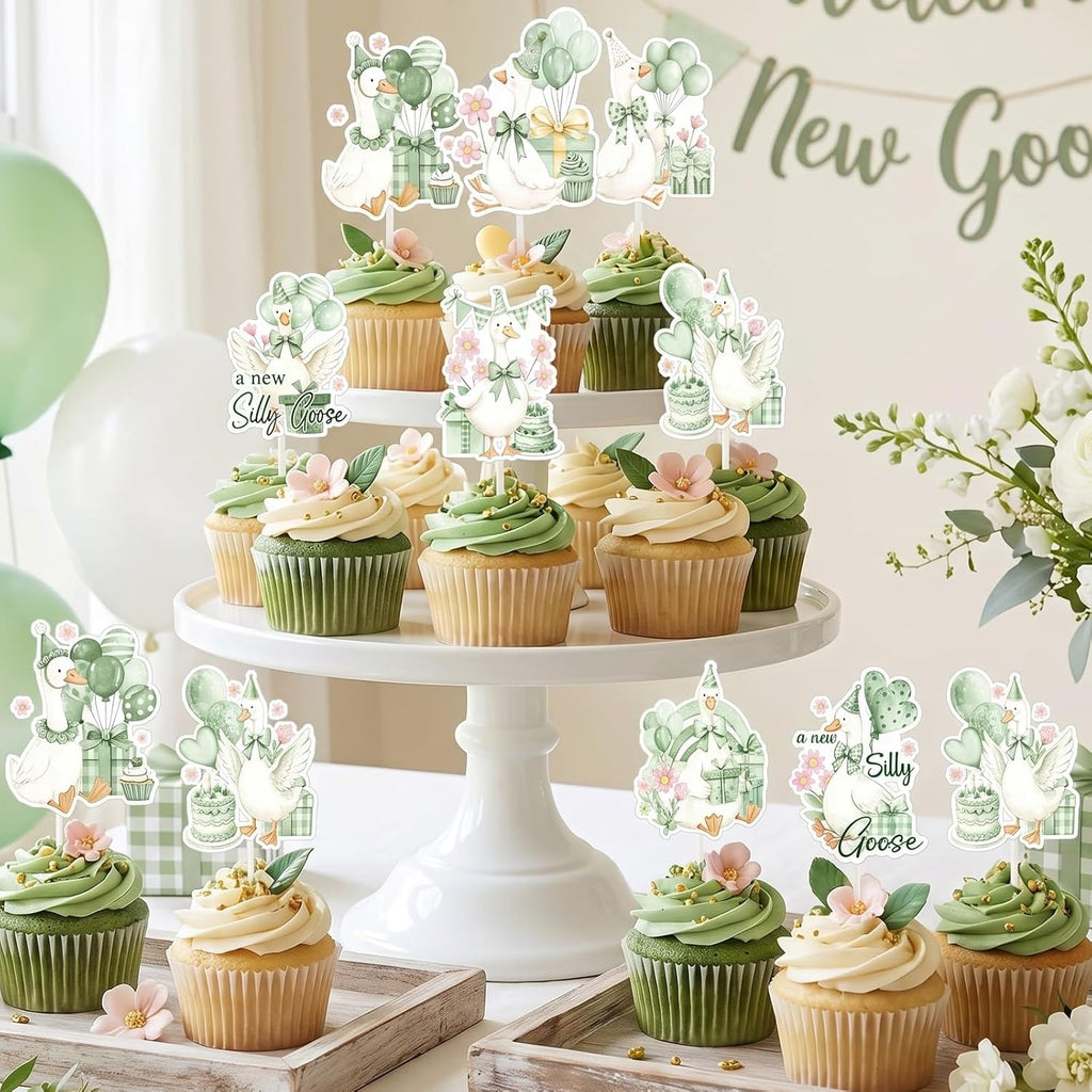 Silly Goose Baby Shower Decorations - 36PCS Sage Green A New Silly Goose is Almost Loose Party Decorations Cake Toppers Cute Animal Theme Cupcake Toppers for Gender Reveal Baby Shower Birthday Party