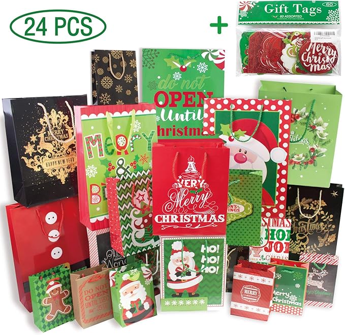 Christmas Gift Tags 60 Count with Untied String (15 Assorted Glitter, Foil, Printed Designs for DIY Xmas Present Wrap and Label Package Name Card)