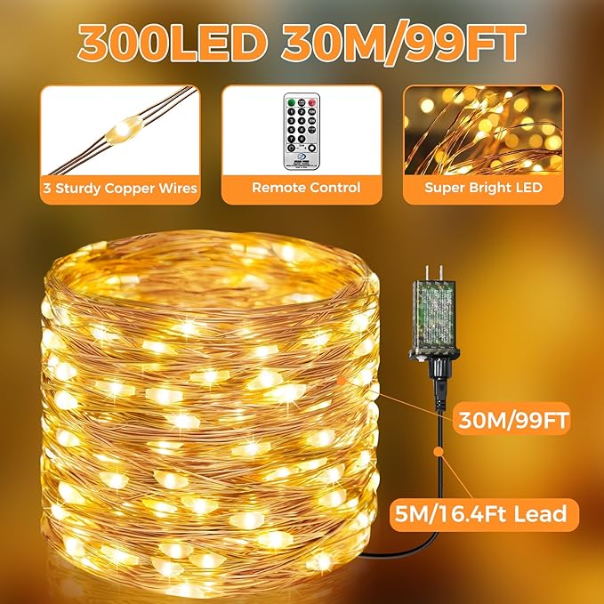 btfarm Fairy Lights Plug in with Remote, 99FT 300 LED Outdoor Twinkle Lights Waterproof with Timer, 8 Modes Indoor String Lights for Bedroom Patio Garden Wedding Christmas Decoration, Warm White