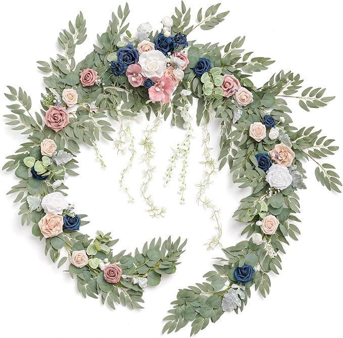 Ling's Moment 9FT Eucalyptus and Willow Leaf Garland with White Flower, Handcrafted Wedding Sweetheart Table Centerpieces Head Table Decor Arch Backdrop Decorations for Wedding | Dusty Rose & Navy