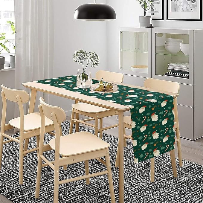 Christmas Table Runner,Seasonal Winter Xmas Holiday Green Table Cloth Kitchen Dining Table Decoration for Home Party Decor 13x36 Inch