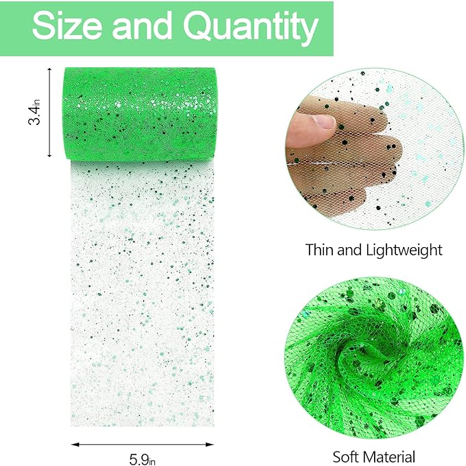 Glitter Tulle Rolls, 6” by 50 Yards (150FT) Sparkling Tulle Spool Ribbon Sequin Tulle Netting Fabric for Tutu Skirt Wedding Birthday Baby Shower (Green)