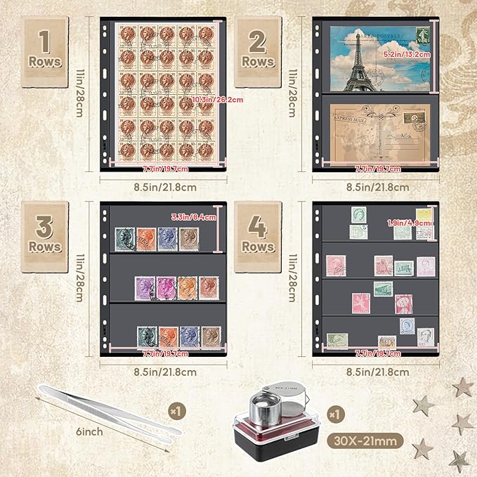 Lewtemi Stamp Collecting Albums Set Stamp Collection Book Include 20 Pages Album Binder Tweezer and Loop Magnifier Collecting Supplies for Collectors(Blue,1/2/3/4 Rows)
