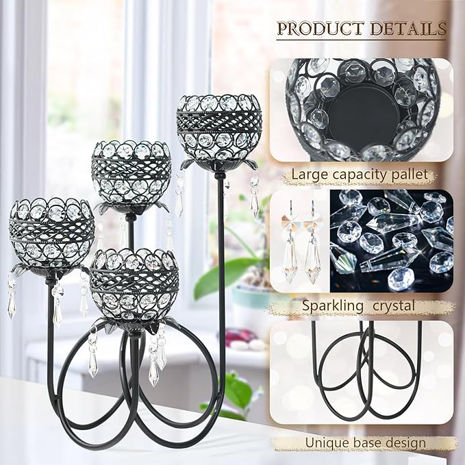 4 Arms Crystal Candelabra Tealight Holder - Tall 15.7 Inch Elegant Centerpiece with Crystal Pendant Bowls & Artistic Metal Stand for Wedding, Dining Table, Home Decor (1, Black)