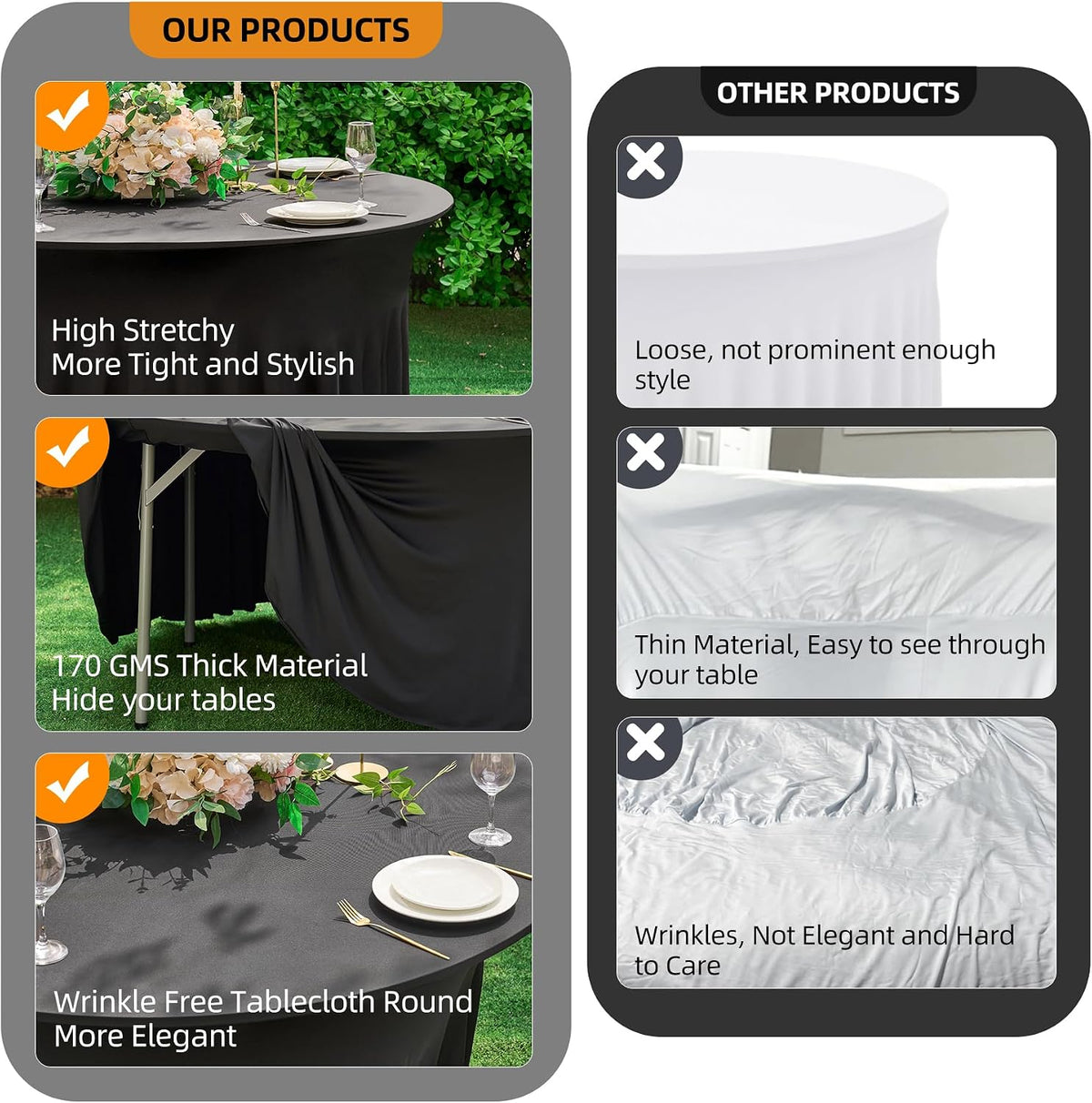 black round spandex tablecloth 60 inch, wrinkle free shown in use