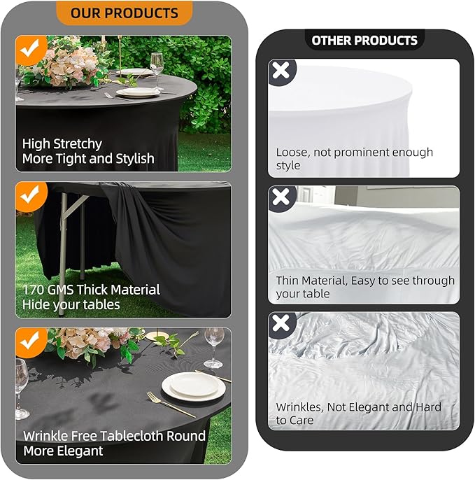 8 Pack Black Round Spandex Tablecloth 60 Inch, Wrinkle Free Stretch 120 Inch Fitted 5ft Black Table Cloths Round Table Covers with Ruffle Skirt for Graduation Wedding Party Banquet