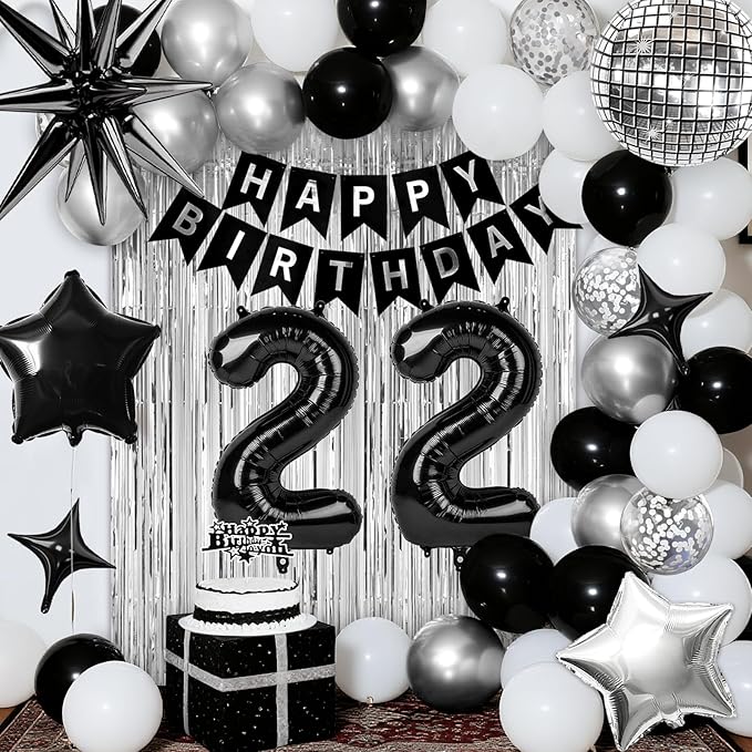 22nd Birthday Decorations for Men Women, Black Silver Happy Birthday Party Decorations， 22 Year Old Party Supplies with Number 22 Balloons, Banner, Fringe Curtains Kit
