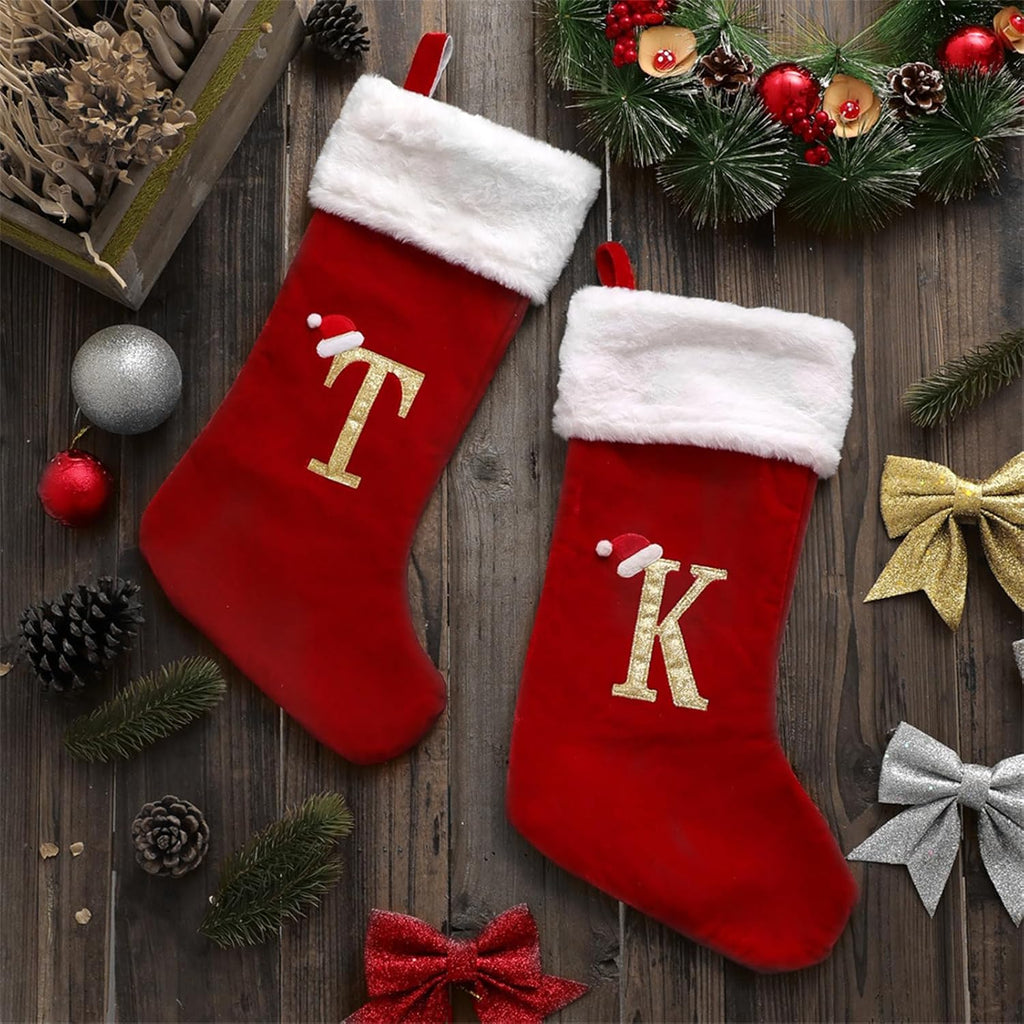 20" Monogrammed Christmas Stocking with Letter A | Personalized Red Plush Cuff Initial Stocking - Holiday Xmas Gift for Family Decor (Red, Letter A)