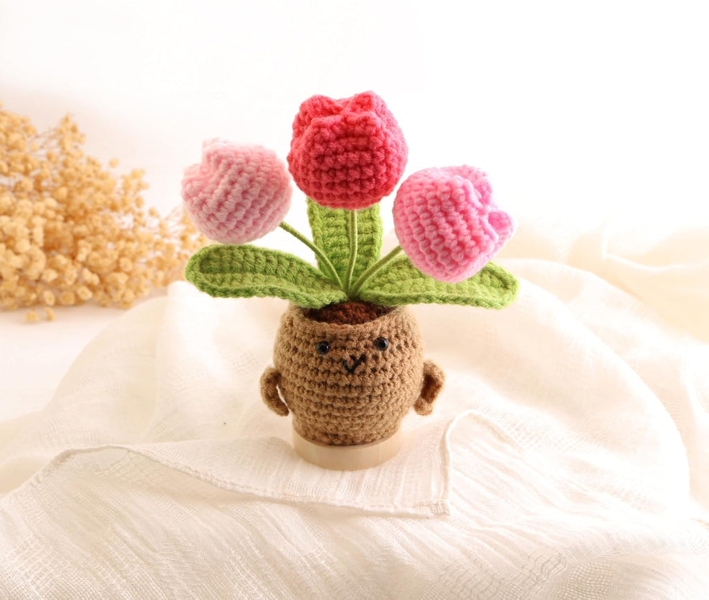 Hand-Woven Mini Tulip Potted Plants, Desktop Ornaments, Timeless Home Office Decorations, Perfect Handmade Gifts for Mother's Day, Graduation Season and Thanksgiving Day(Mixed Pink)