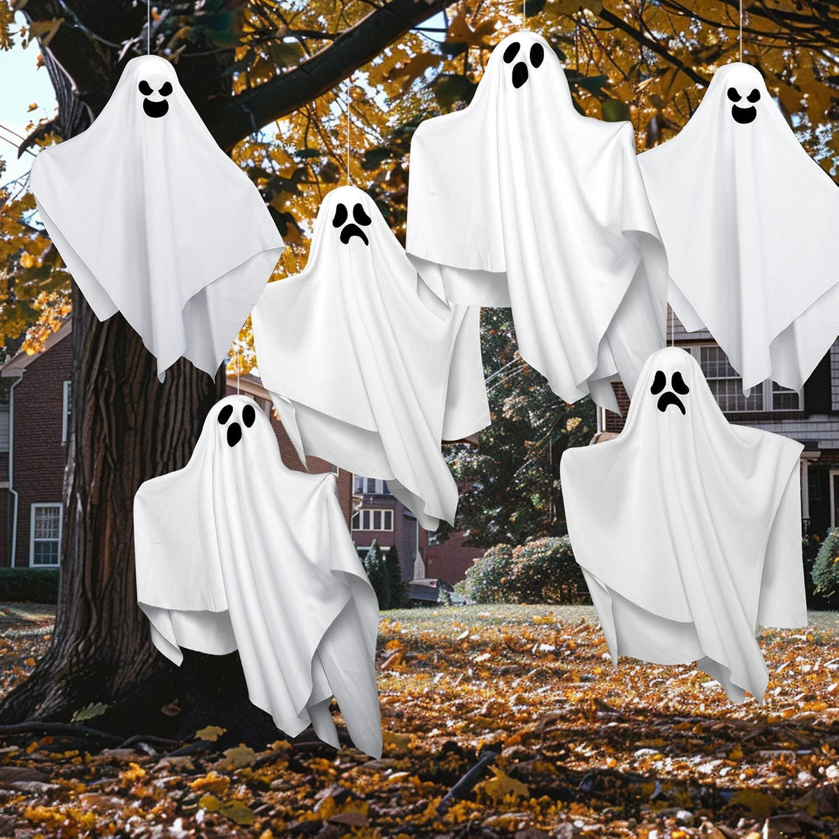 JOYIN 6 Pcs Halloween Decorations Outdoor Hanging Ghost, 19.6” White Flying G...