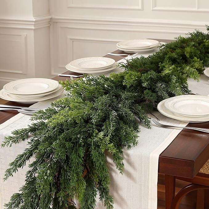 12FT Artificial Christmas Garland, Real Touch Greenery Cypress Pine Garland for Mantle Table Railing Fireplace Indoor & Outdoor Christmas Decoration