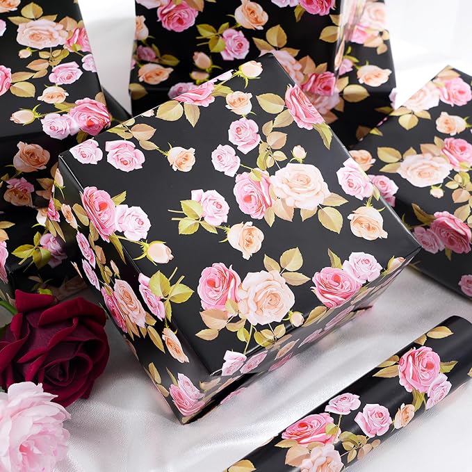 Ulmasinn Floral Wrapping Paper Roll - 17 Inches x 33 Feet - Vintage Romantic Pink Rose Flower Gift Wrap with Cut Lines for Wedding, Birthday, Bridal Shower, Mother’s Day