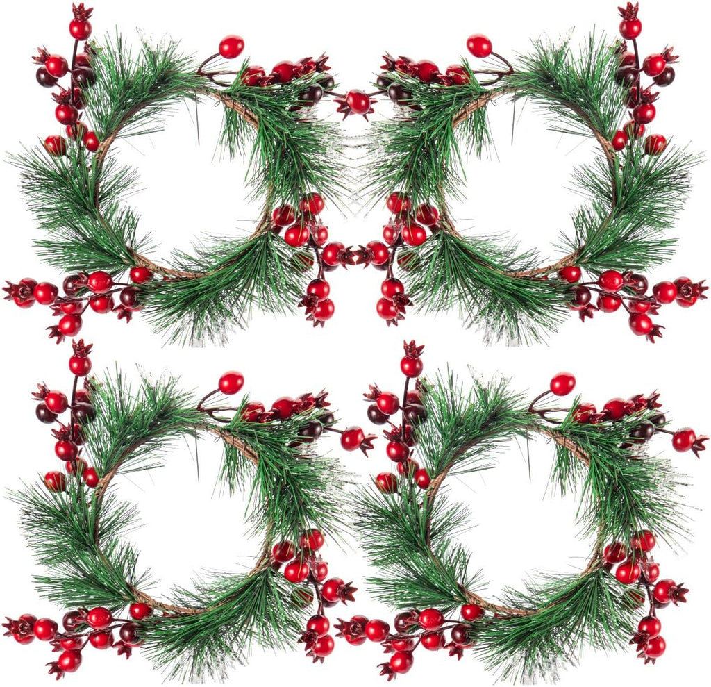 Christmas Candle Rings- 4.3 Inches Candle Wreaths Candle Garland with Artificial Red Berries- Xmas Wreath Candle Holder for Christmas Wedding Table Dinner Party Decoration, 4 Pcs