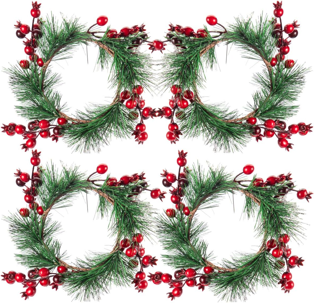 Christmas Candle Rings- 4.3 Inches Candle Wreaths Candle Garland with Artificial Red Berries- Xmas Wreath Candle Holder for Christmas Wedding Table Dinner Party Decoration, 4 Pcs