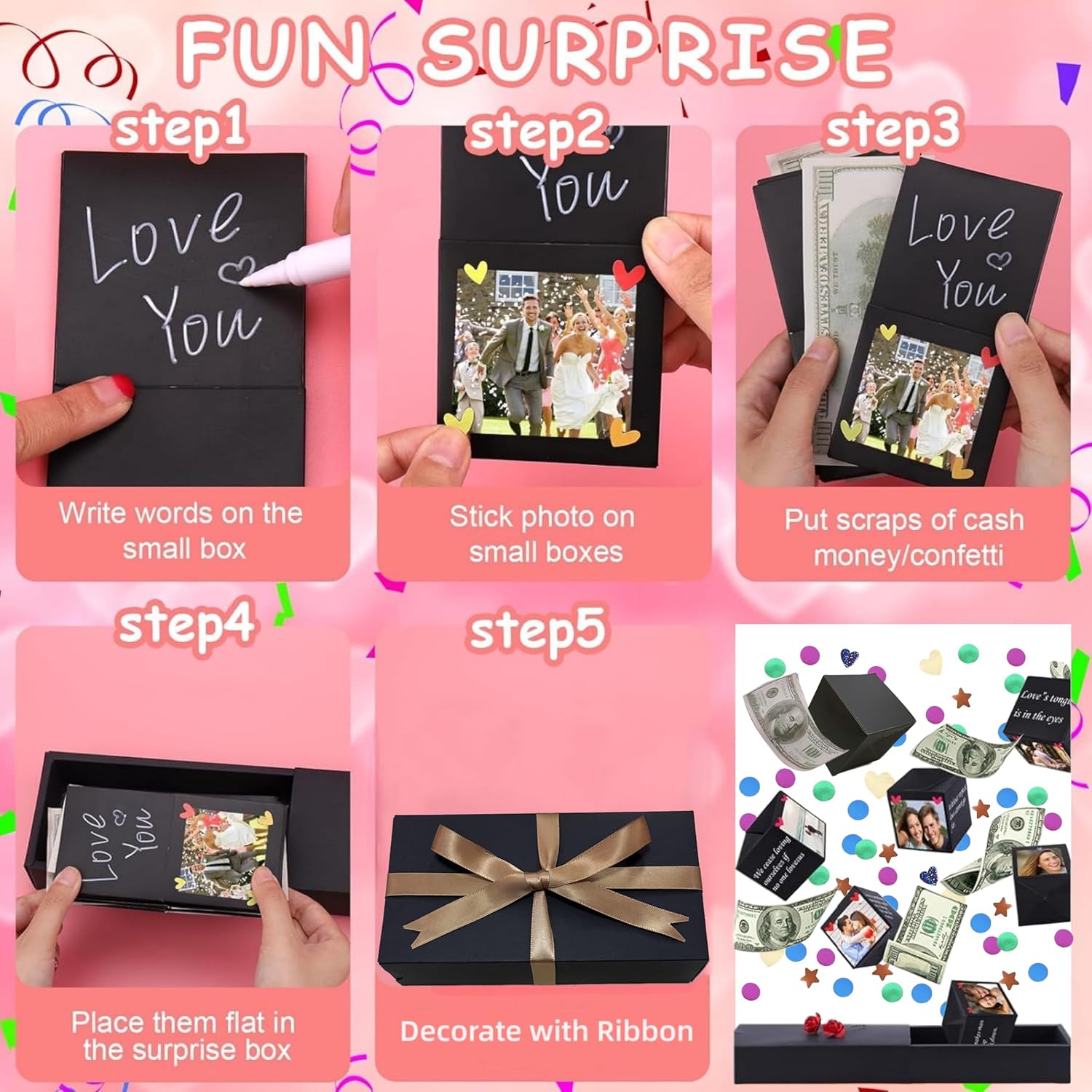 JINSTABAG Surprise Box Gift Box for Money, DIY Unique Folding Bouncing Gift Boxes with Confetti, Surprise Gift Box Explosion for Birthday, Anniversary, Valentine's Day.