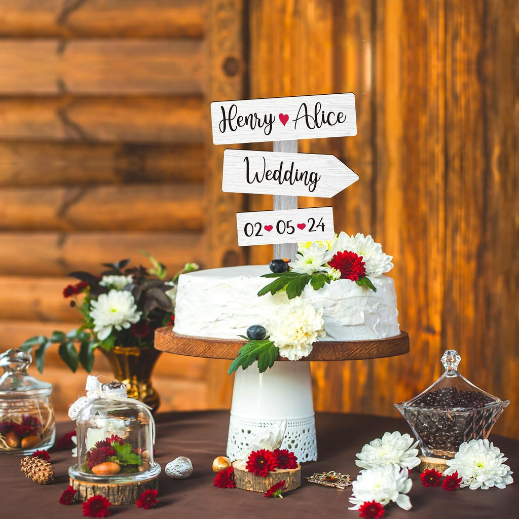 Personalized Rustic Wedding Cake Topper in Wood Custom Bride & Groom Names Initials Wedding Date Cake Decoration (Birch White)