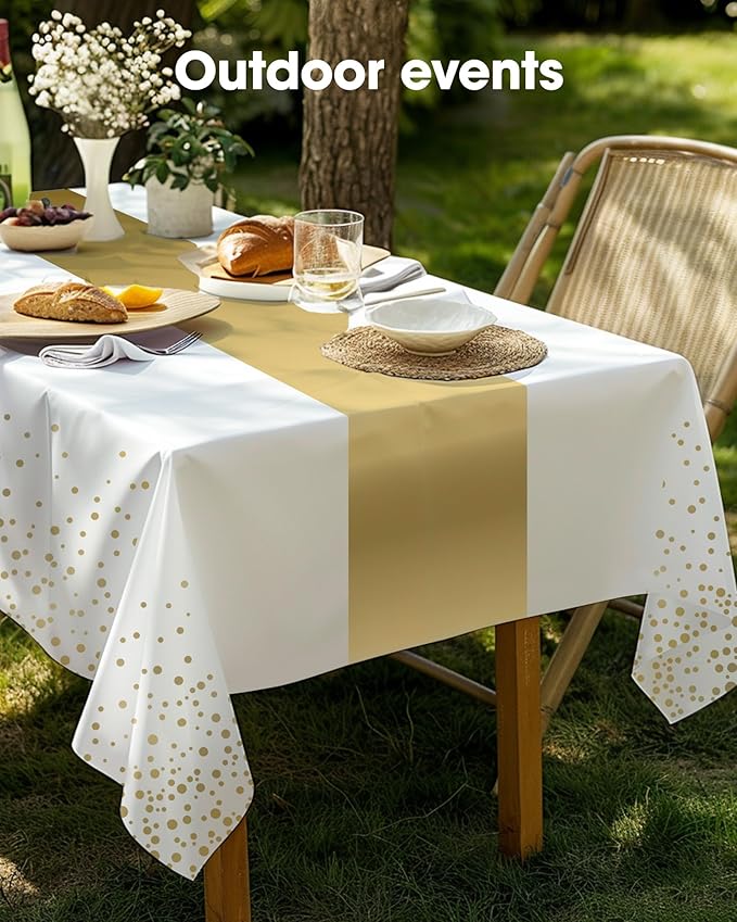 Pureegg Plastic Table Cloth Disposable 10 Pack, 54 x 108 Inch, Table Runner Style, Graduation Decorations 2025, Party Tablecloths, Rectangle, Plastic Cover, Leakproof & Sturdy, White Gold