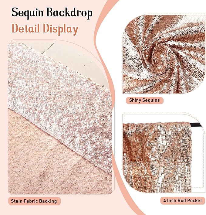 SquarePie Sequin Backdrop Curtain Not See Through Thick Background for Party 4FT x 8FT Rose Gold