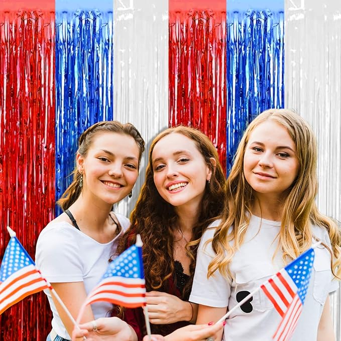 4 Pack Red Blue White Foil Fringe Curtain Backdrop, 3.28Ft x 8.2Ft Metallic Tinsel Foil Fringe Streamers Curtains for Photo Booth, Wedding, Mardi Gras, Birthday, Independence Day Party Decoration