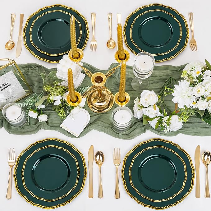 Hioasis 60pcs Green Plastic Plates - Green and Gold Disposable Dinnerware with Gold Rim, Heavy-duty, 10.25 inch, Dinner Plates for Party & Wedding