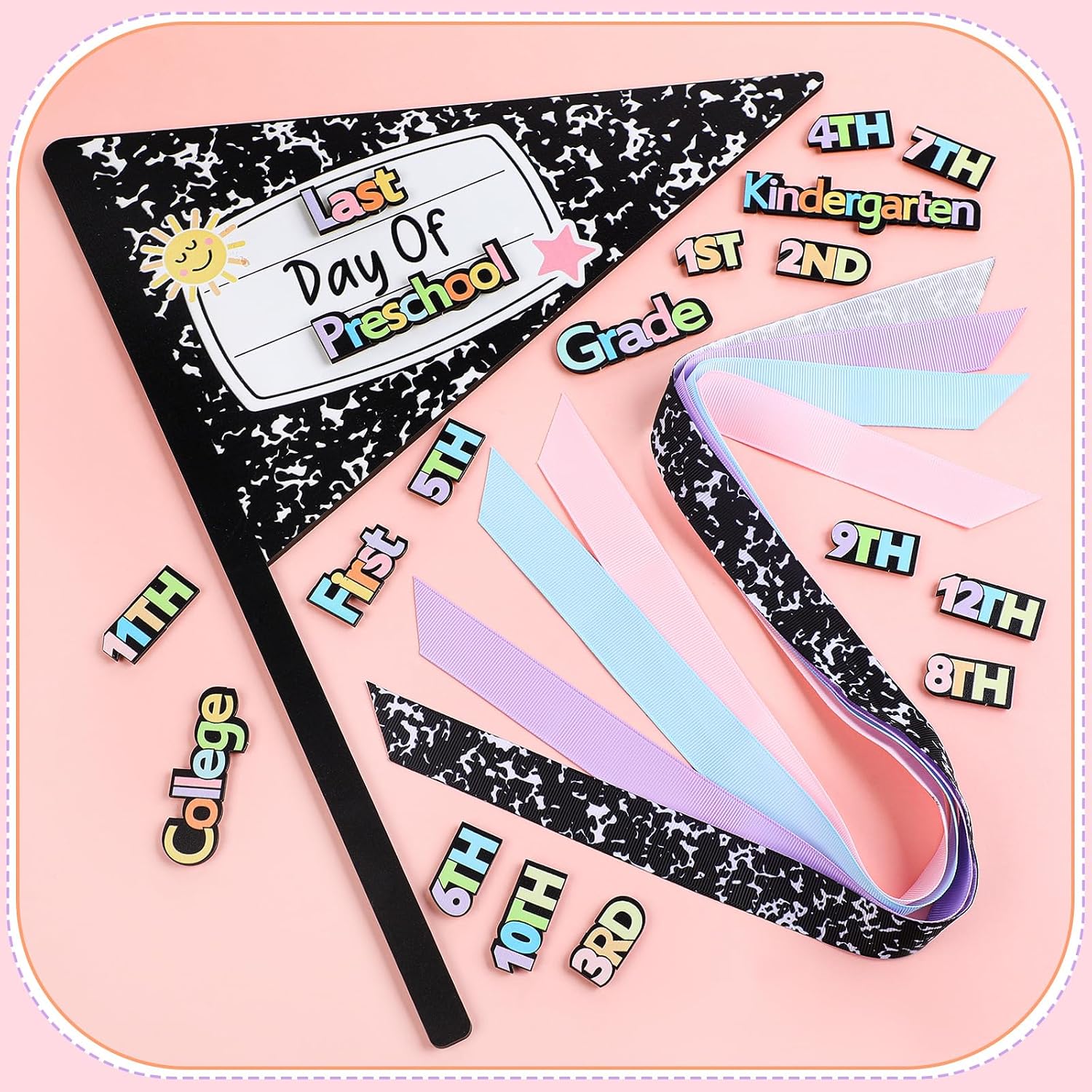 Hahafelt 23 Pcs Composition Book Style First & Last Day of School Wood Flag Kit with Ribbons and Reusable Pennants Signs 15 Grades Photo Prop for Preschool to College Welcome Classroom Decoration