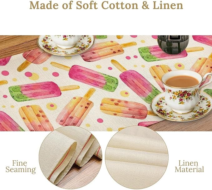 Ice Cream Popsicles Table Runner, Watercolor Summer Seasonal Fruit Peach Kiwi Berry Popsicles Orange Pink Sweet Dessert Dinner Runner for Party Holiday Home Kitchen Dining Table Decor 13"x60"