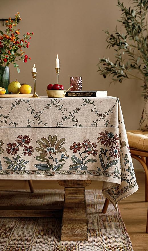 patdrea Designer Linen French Tablecloth for Rectangle Table,Fall Country Breathable Floral Tablecloths,Table Cover for Kitchen Dining,Tea Party,Christmas,Thanksgiving,63"x87"-Oliveirad
