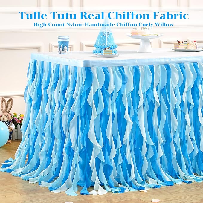 PARTISKY Ocean Blue Tulle Tutu Ruffle Curly Willow Table Skirt for Rectangle Table 6ft,Under The Sea Baby Shark Themed Table Cloth for Boys Girls Birthday Party or Baby Shower
