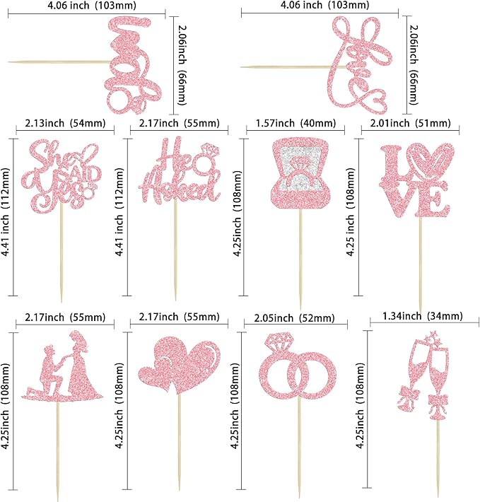 Ephlyn 30Pcs He Asked She Said Yes Cupcake Toppers Glitter Engagement Cupcake Toppers Diamond Ring Heart Love I Do Cupcake Picks for Engagement Wedding Party Cake Decorations Pink