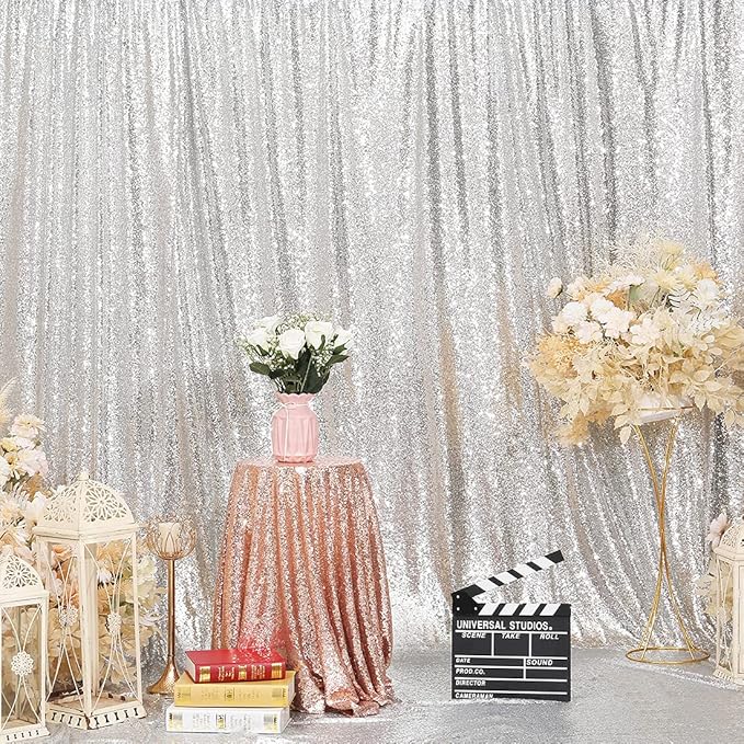 Poise3EHome Silver Sequin Backdrop Curtain, 10Ft x 10Ft Silver Glitter Backdrop Curtains, Sequence Xmas Thanksgiving Backdrop Drapes for Wedding Party Festival Decor