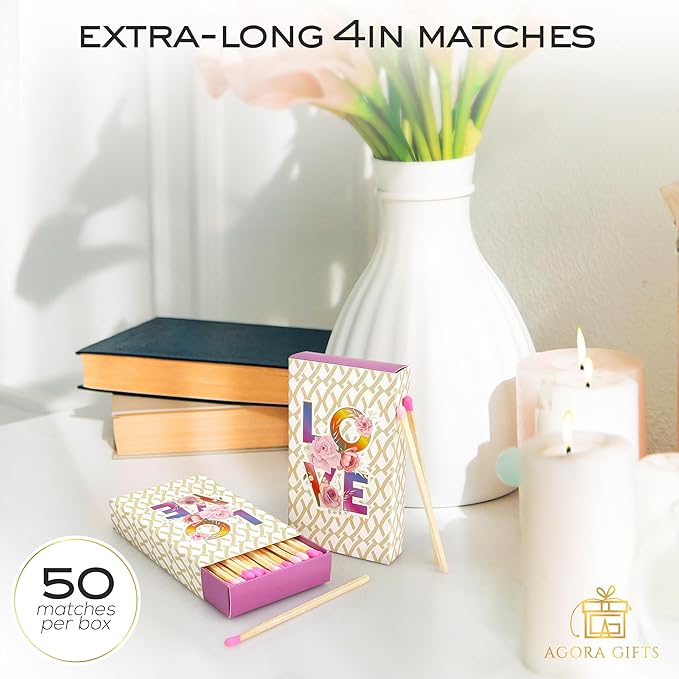 Decorative Matches Box -4-Inch Long Matches for Candles with Strike - Wooden Colorful Candle Sticks with Rainbow Tips - 50 Pc Match Sticks - Matchbox Designs of Your Choice (4 Unique Box Designs)