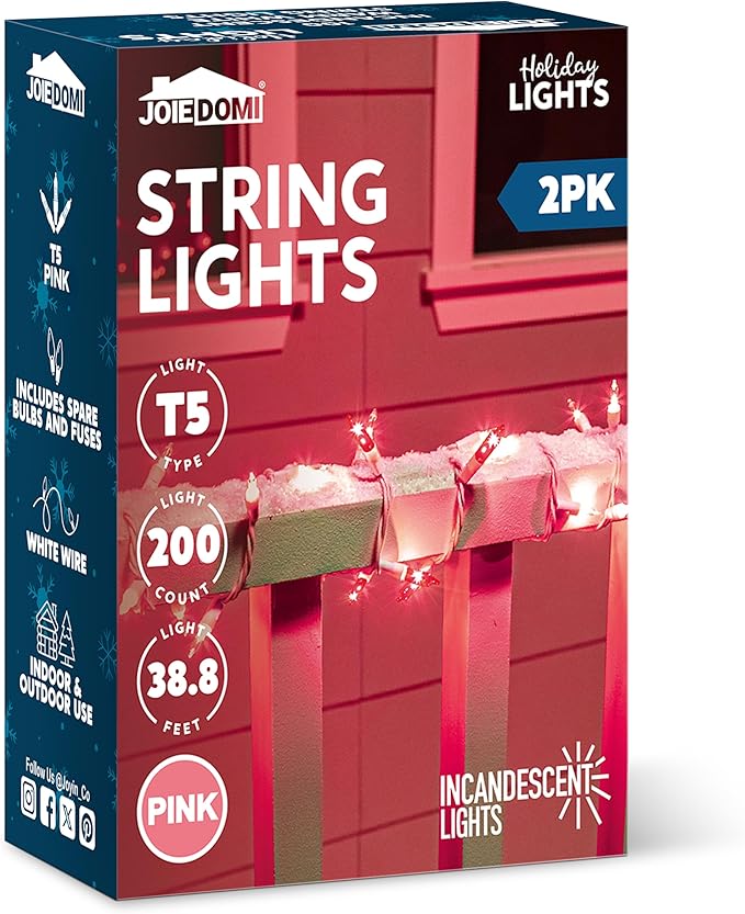 Joiedomi Christmas String Lights Indoor,200(2×100) Mini Pink Light,42.8 FT Lighting Decor for Dorm Classroom Bedroom Holiday Wedding Party Garland Birthday Festival,White Wire